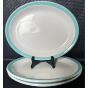 Walker China Restaurant Ware Oval Plates Vintage 1939  Teal Blue Band See Photos